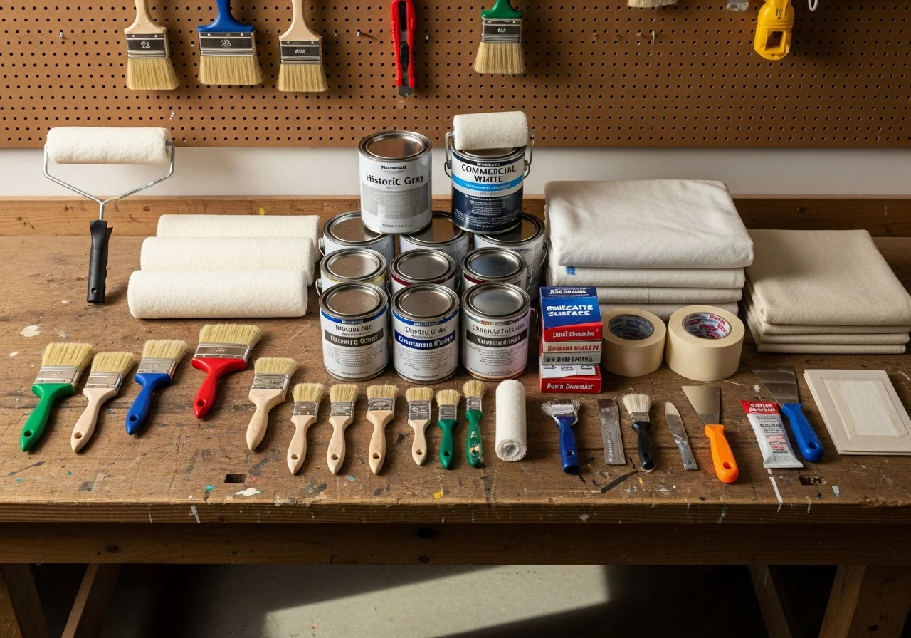Professional painting tools and equipment arranged on a work surface, representing the trade and readiness of a painting contractor.