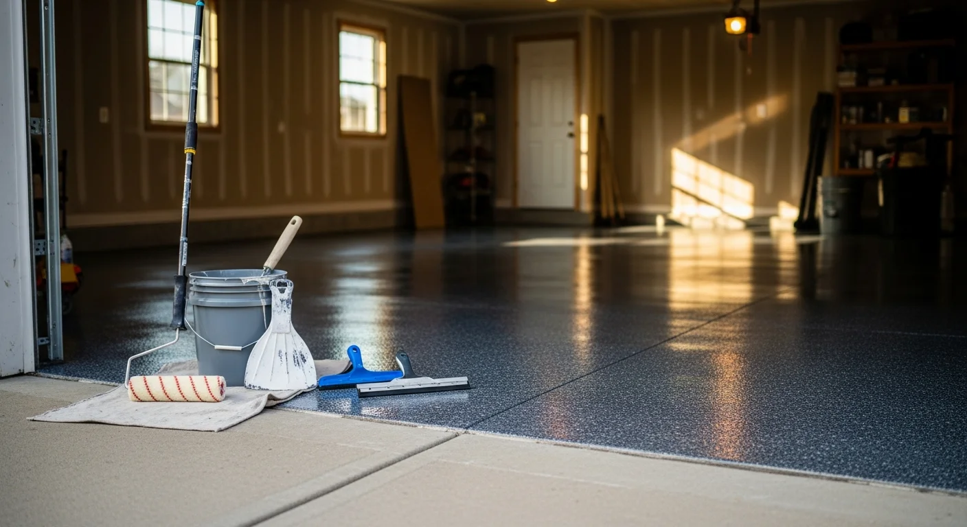Shiny epoxy-coated garage floor with reflective finish and clean appearance