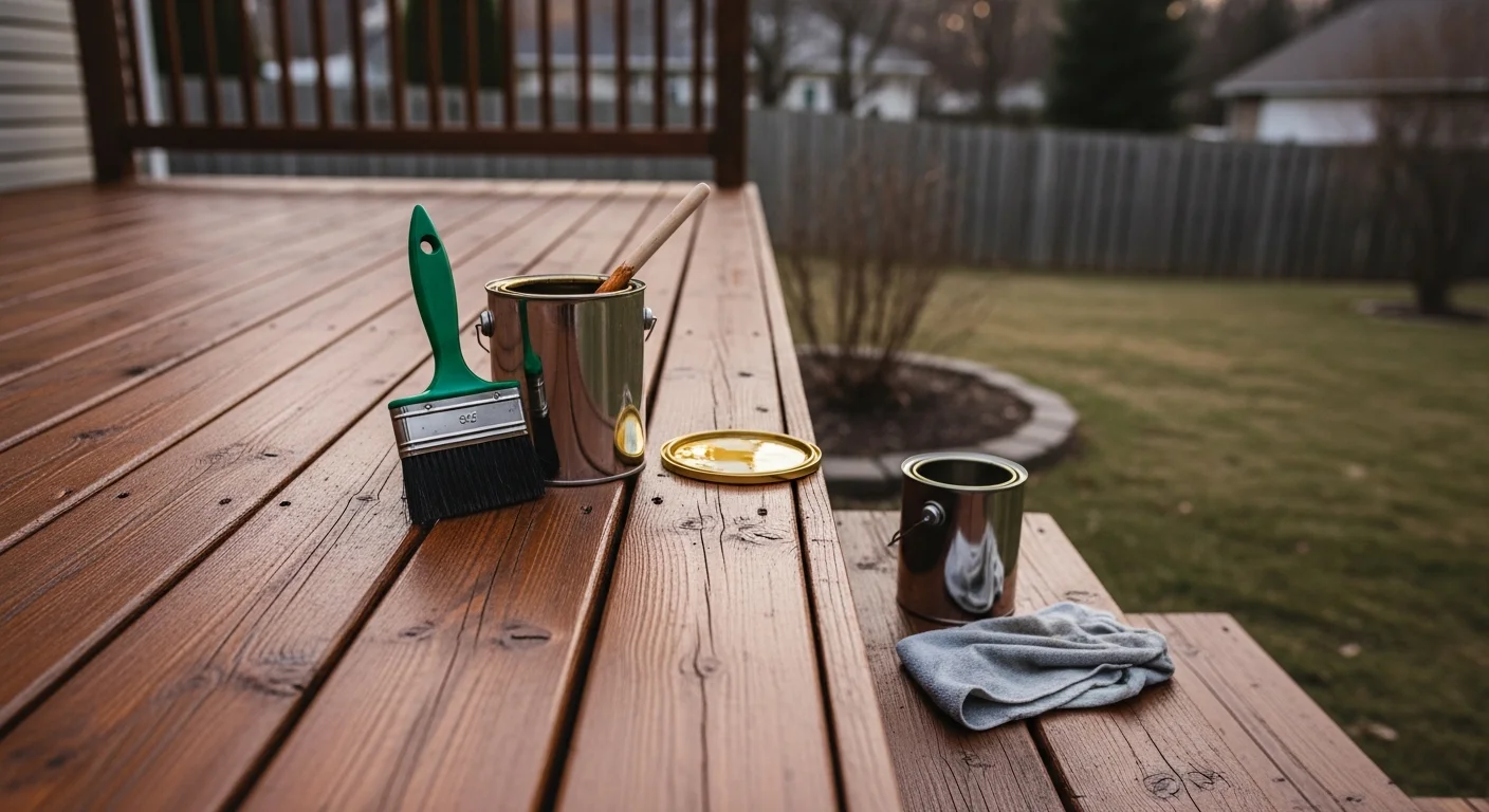 Freshly stained wooden deck with rich color finish