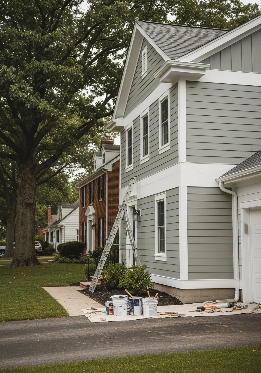 Professional painter applying exterior paint to residential home in Strongsville