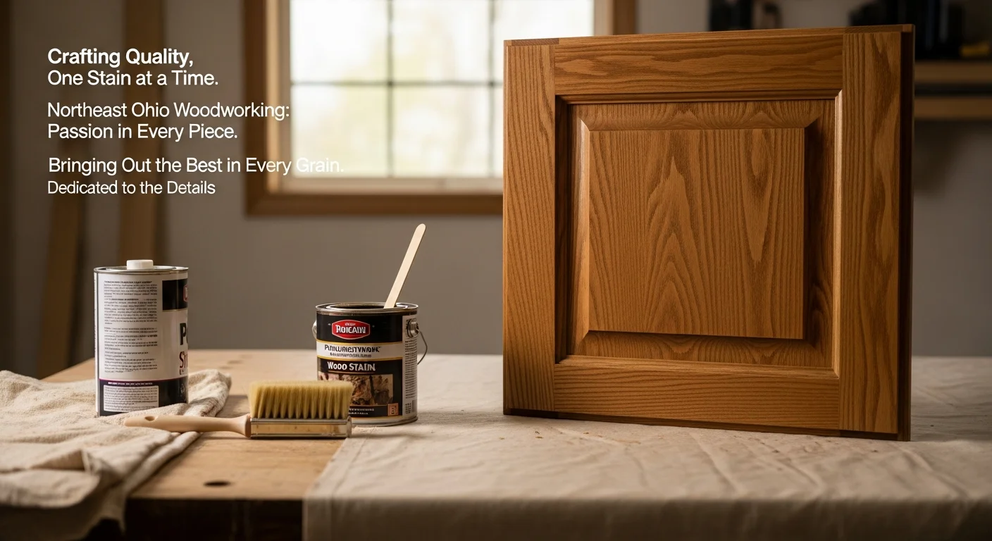 Freshly stained wood kitchen cabinets in a North Ridgeville home showing even grain tone and a sealed matte finish. Cabinet doors are reinstalled with updated hardware after professional staining by BrushStrokes Painting.