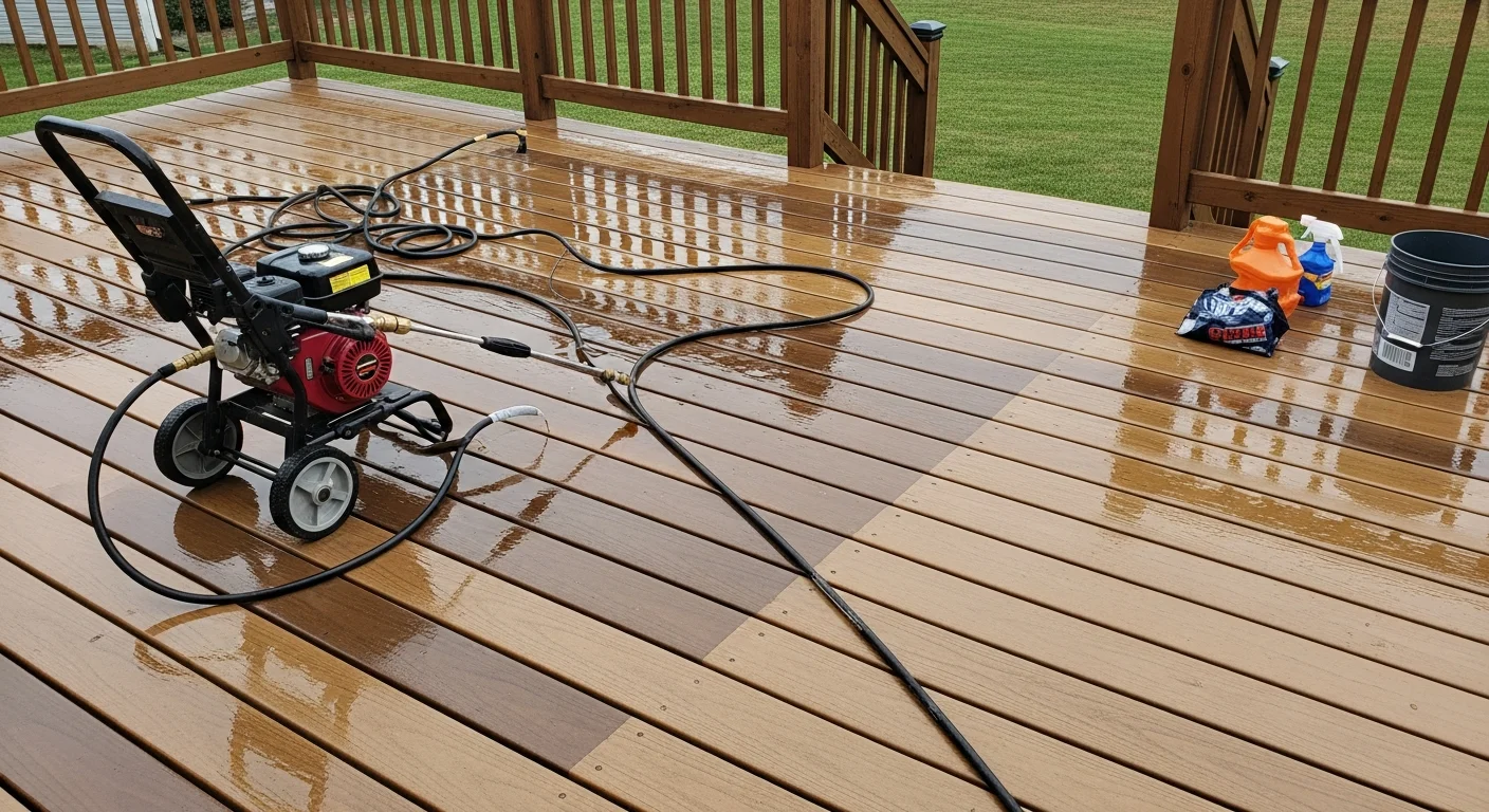 A wood deck in a North Ridgeville, Ohio backyard shown after professional pressure washing, with clean boards free of green algae and gray weathering. Railings and stair treads are visibly clear of mold and surface grime.