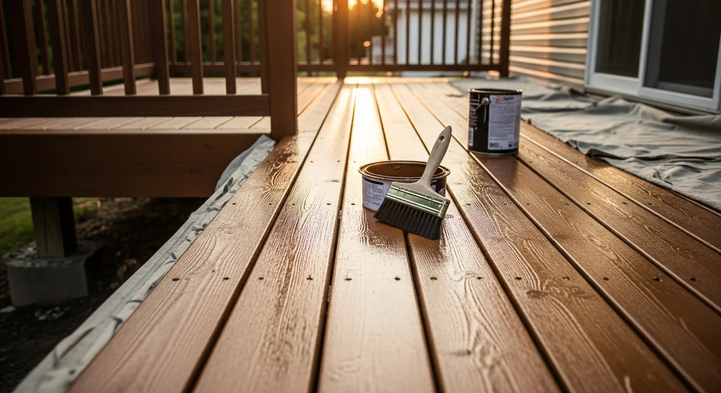 A freshly stained wood deck on a North Ridgeville, Ohio home showing even color coverage across deck boards, railings, and stairs. The stained surface contrasts with the surrounding yard and shows no peeling or gray weathering.