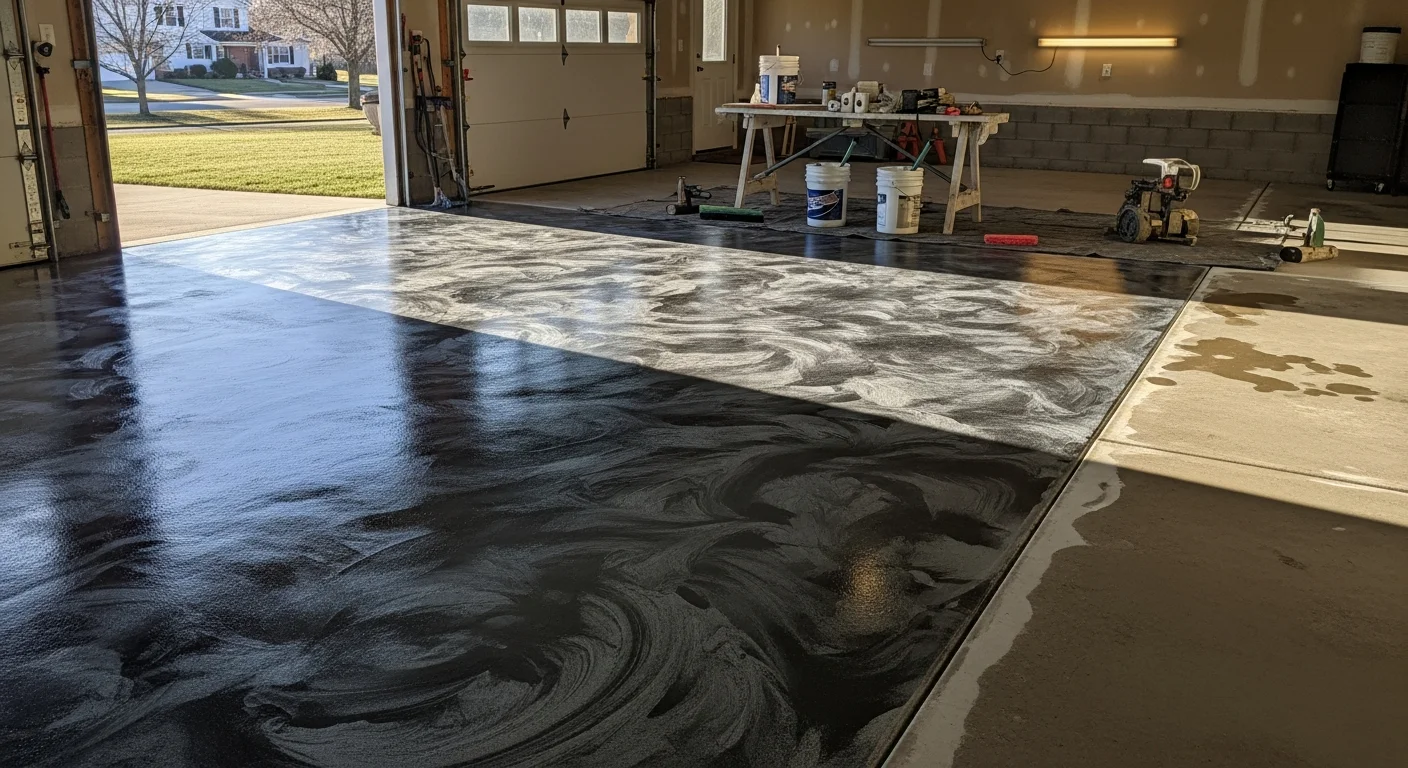 A finished decorative epoxy garage floor in a North Ridgeville, Ohio home, showing a flake broadcast coating in gray and white tones with a high-gloss topcoat. A two-car garage with clean walls and overhead lighting shows the full floor surface after installation by BrushStrokes Painting.