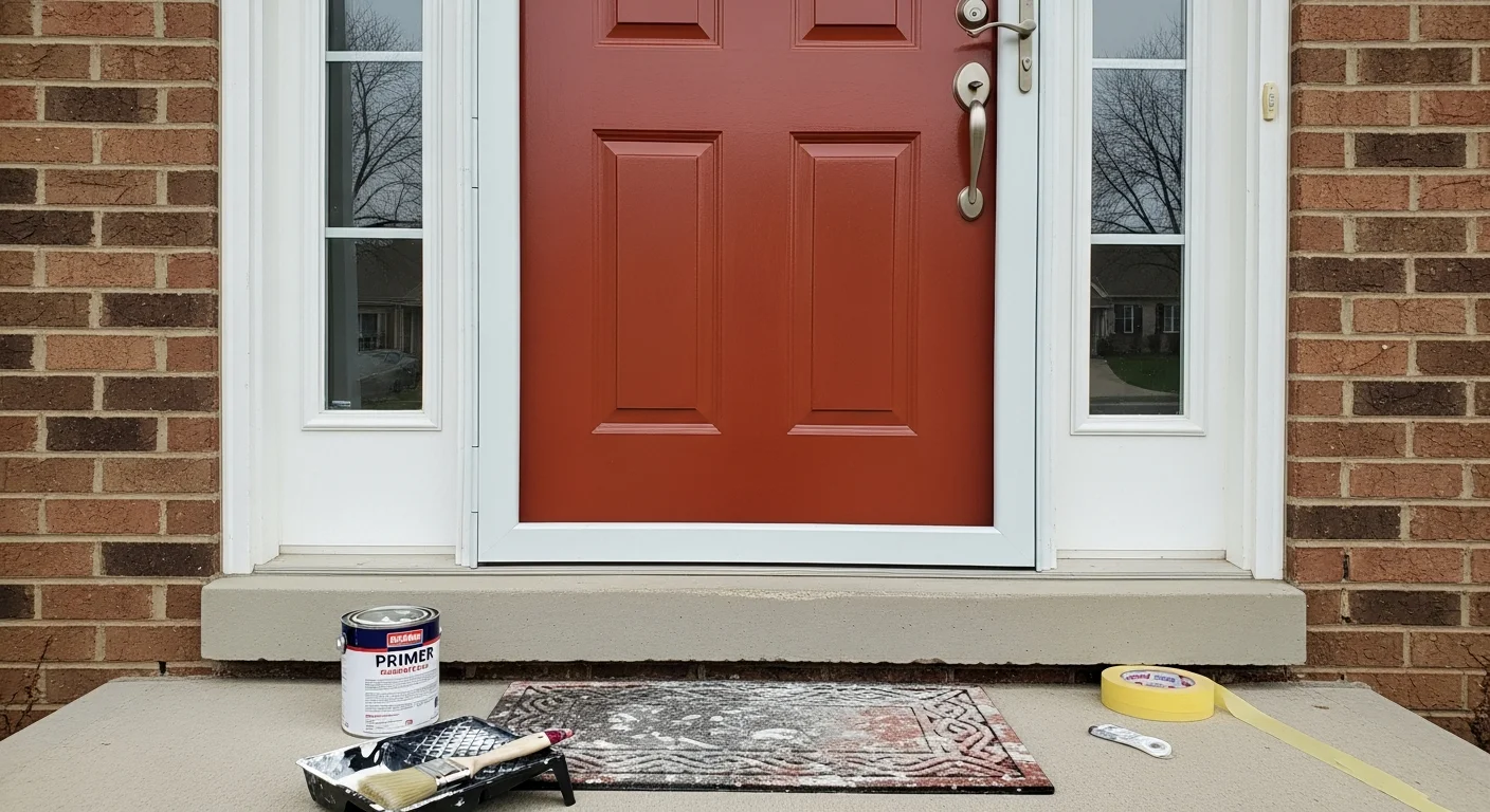 A freshly painted deep navy front entry door on a single-family home in North Ridgeville, Ohio, with clean brush lines and no drips visible on the door frame. The surrounding trim is white and the finish appears smooth and even in natural daylight.