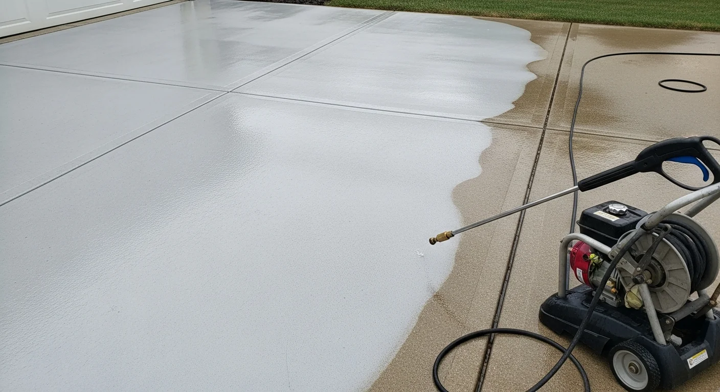 A North Ridgeville residential concrete driveway being pressure washed, showing a clear line between the cleaned light-gray surface and the darker stained section still to be washed. A pressure washing wand is visible mid-stroke near the garage apron.