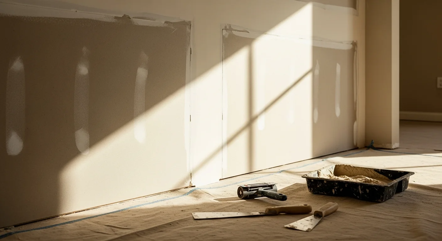 A freshly finished interior wall in a North Ridgeville home showing smooth, seam-free drywall ready for paint. The surface is evenly sanded with no visible tape lines, screw dimples, or patch marks.