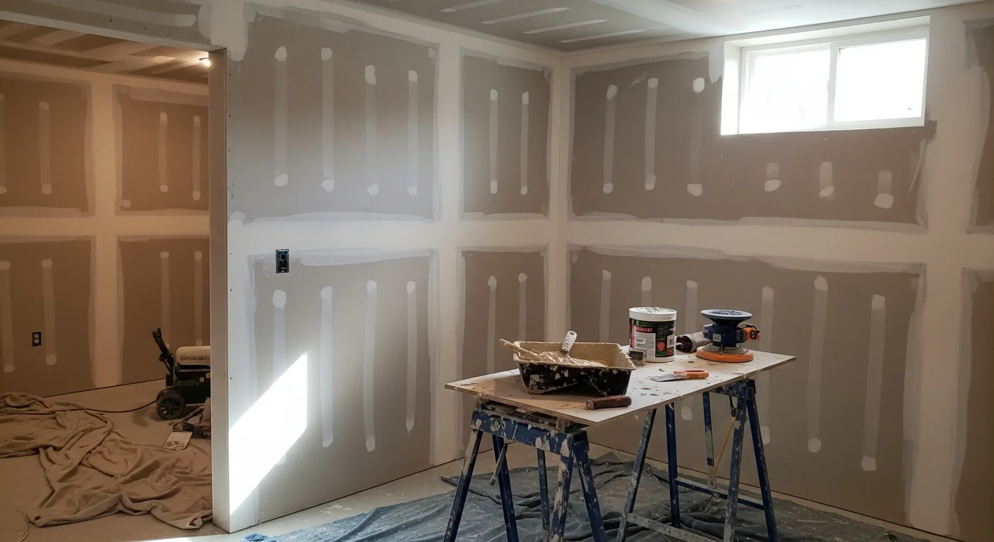 A freshly installed and finished drywall wall inside a North Ridgeville, Ohio home, showing smooth, paint-ready surfaces with clean corners and no visible seams. A contractor applies final joint compound to a taped seam in a newly framed room addition.