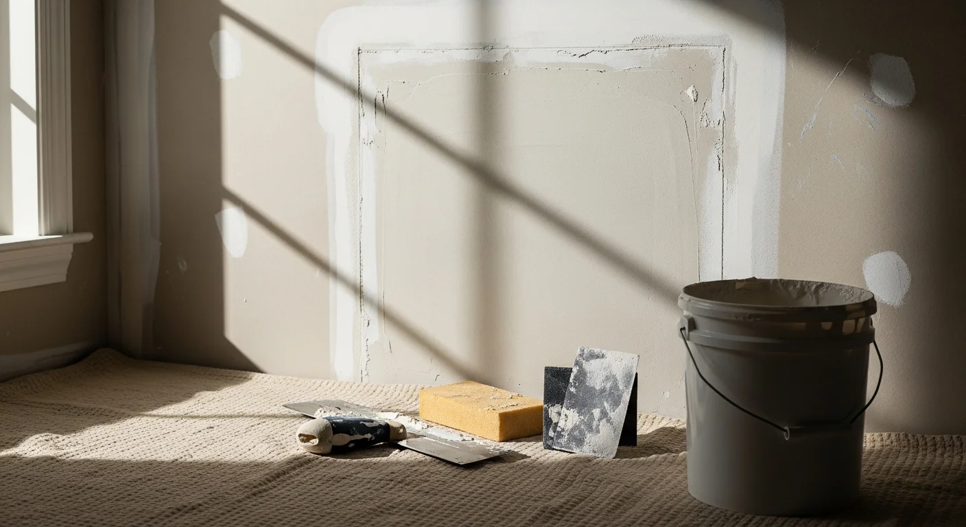 A freshly patched and sanded interior wall in a North Ridgeville home, showing a smooth surface ready for paint with no visible seams or texture variation. The repaired area blends evenly with the surrounding drywall in a residential living room setting.