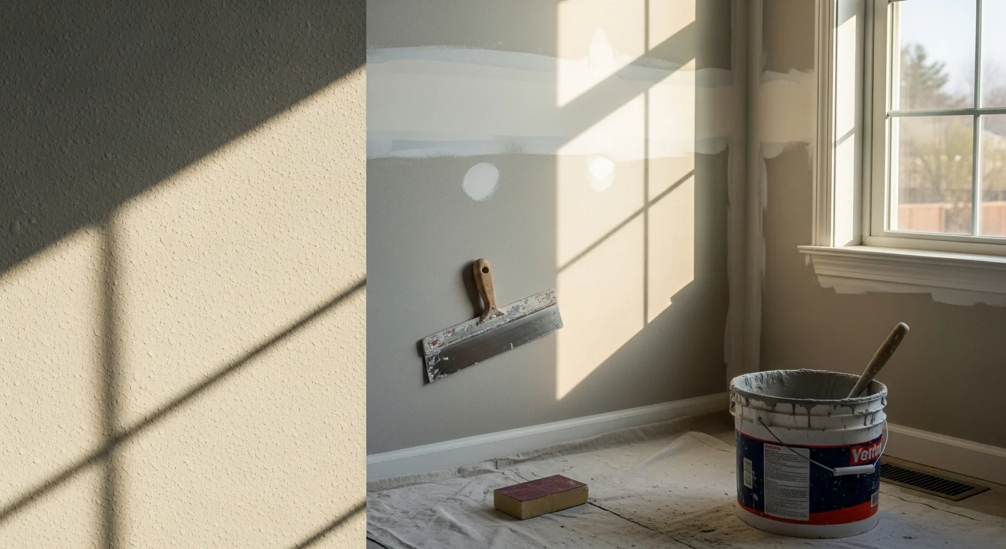 A freshly repaired and skim-coated interior wall in a North Ridgeville single-family home, showing a smooth, uniform surface ready for paint. The repair area near a window corner is fully blended with no visible patch lines.