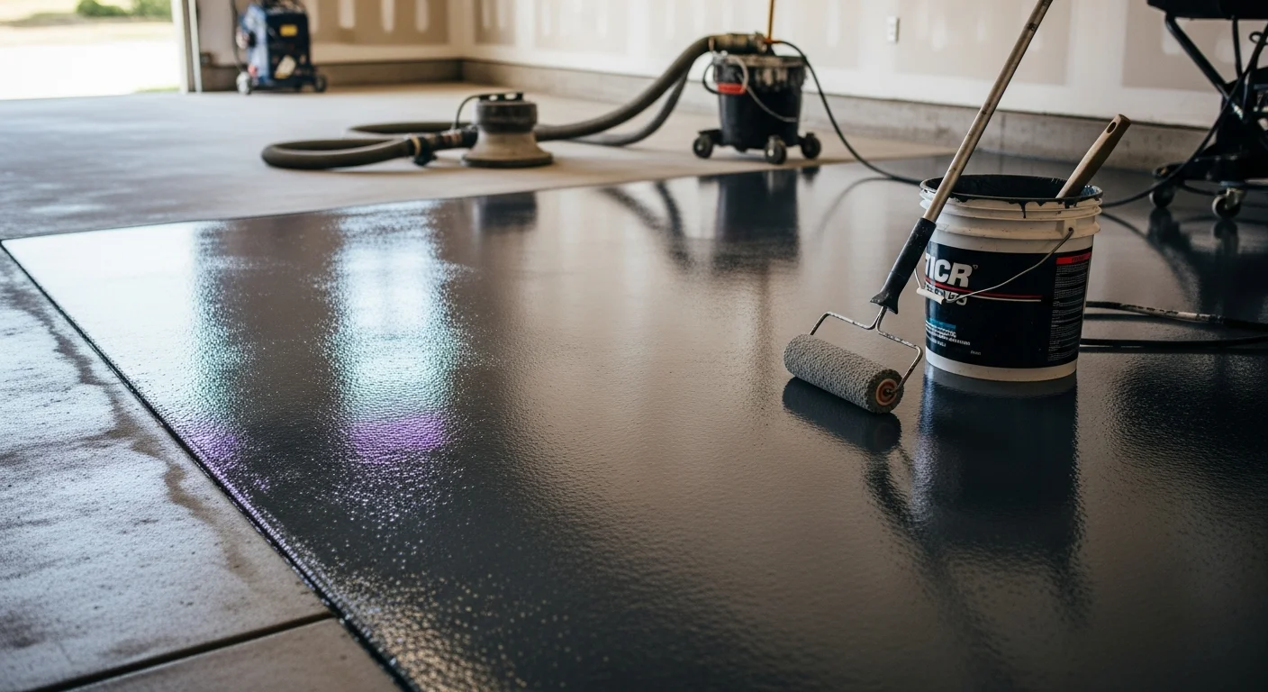 A finished epoxy-coated garage floor in a North Ridgeville home, showing a smooth, glossy gray surface inside an attached two-car garage. The sealed concrete reflects overhead lighting and shows no staining or surface cracks.