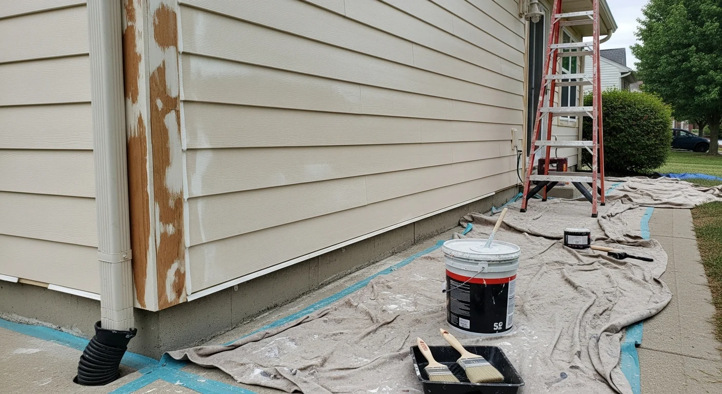 A two-story North Ridgeville home with freshly painted siding and white trim, showing clean lines along the fascia and front-facing gable. A painter on a ladder applies a topcoat to the upper siding near the eave on a clear Ohio afternoon.