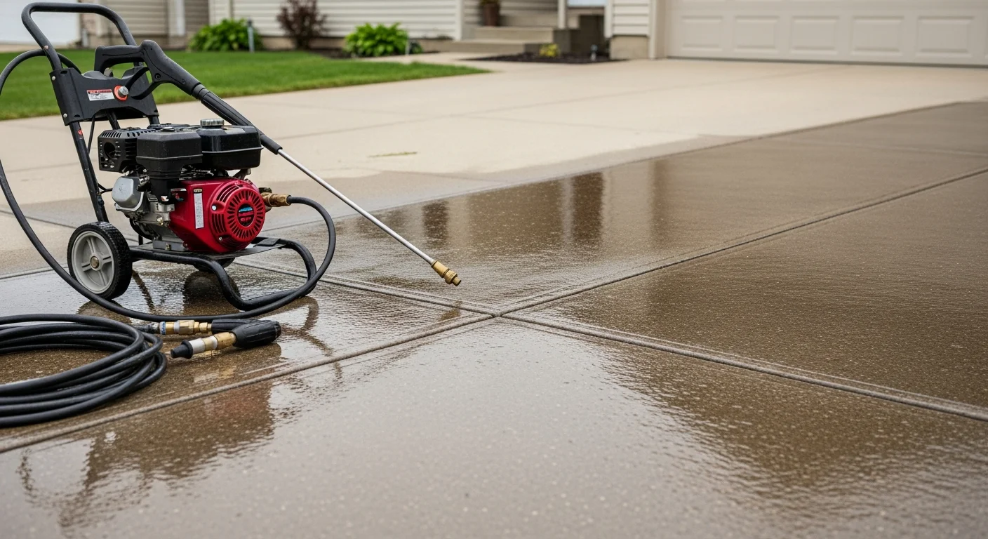 A North Ridgeville single-family home with clean vinyl siding and a freshly pressure-washed concrete driveway, showing the contrast between washed and unwashed sections. A technician from BrushStrokes Painting directs a pressure washing wand along the lower course of the home's exterior wall.