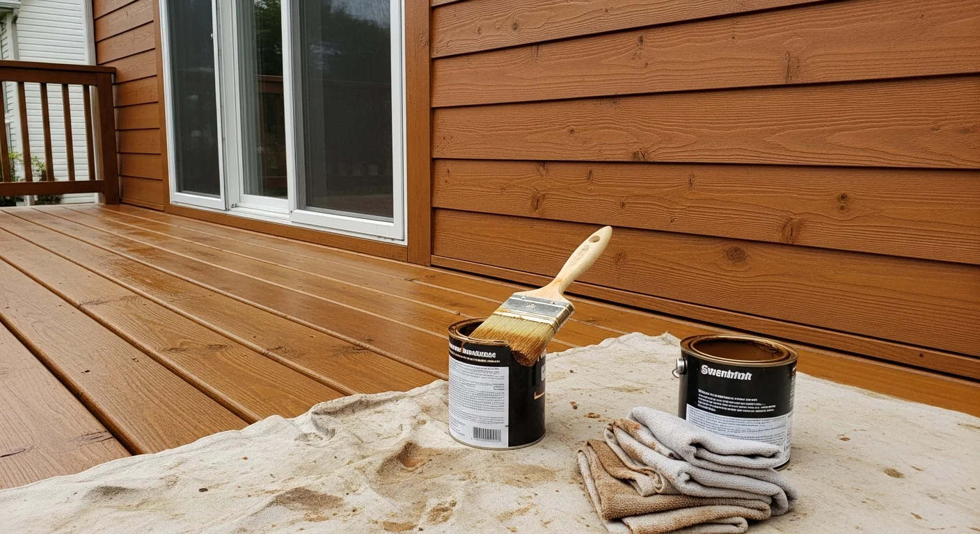 A North Ridgeville single-family home with freshly stained natural wood siding and trim, showing even color and clean edges along the exterior. A stained wood deck extends from the rear of the home, with visible grain texture and no signs of graying or peeling.