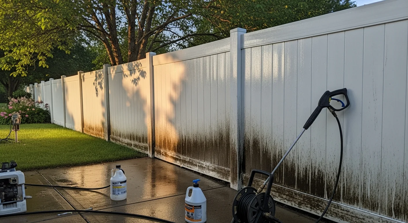 A wood privacy fence in a North Ridgeville backyard shown after pressure washing, with clean boards free of green algae and dark mold staining. The fence surface is visibly lighter and uniform in color compared to an unwashed section still showing weather buildup.