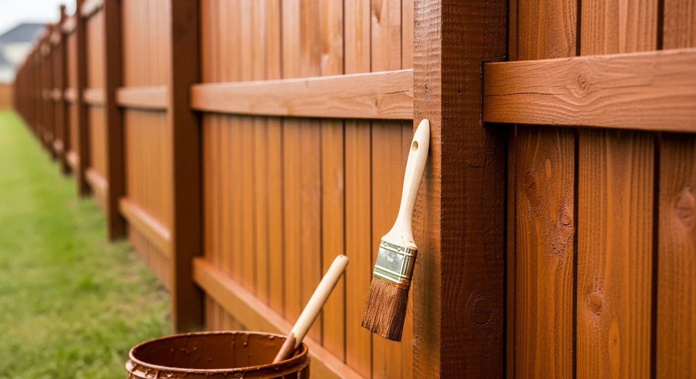 A freshly stained wood privacy fence in a North Ridgeville residential backyard, showing even warm-toned stain coverage across vertical boards and a clean post line. The fence runs along a green lawn with no visible gray weathering or surface cracking.