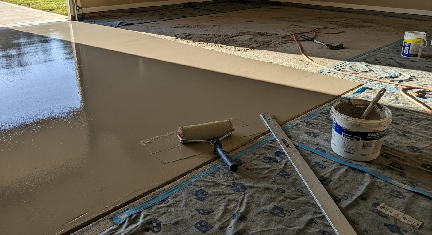 Freshly resurfaced epoxy garage floor in a North Ridgeville home, showing a smooth, glossy gray coating free of stains and cracks. A two-car garage interior with clean walls and overhead lighting highlights the finished concrete surface.