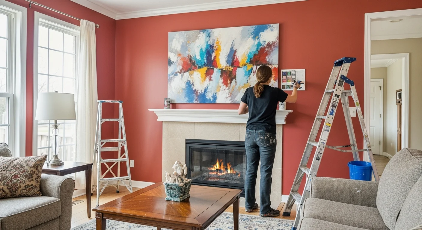 A freshly painted interior living room in a North Ridgeville single-family home, showing clean white trim, smooth walls in a warm neutral color, and sharp lines at the ceiling edge. Natural light from a large window highlights the even finish across the walls.