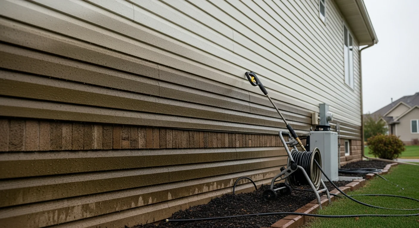 A North Ridgeville single-family home with freshly pressure-washed siding showing clean, streak-free panels after algae and grime removal. The exterior walls are bright and even in color with no visible staining along the seams or shaded sections.