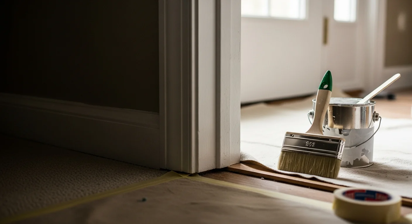A North Ridgeville colonial-style home with freshly painted white exterior trim around windows and front door. Close-up shows clean, sharp paint lines on wood window casing after professional trim painting by BrushStrokes Painting.