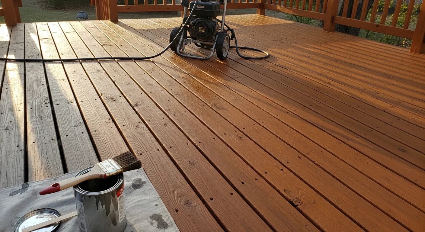 A freshly stained wood deck on a single-family home in North Ridgeville, Ohio, showing even color coverage and clean grain detail. The deck boards show a warm brown tone with no gray or weathered patches visible.